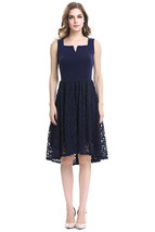 Unomatch Women Square Notched Neck Mid Length Special Occasion Dress Navy - £28.76 GBP