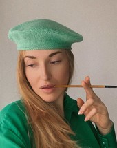 French beret green,  chic crochet boho, crocheted with acrylic thread, Vintage F - $100.00