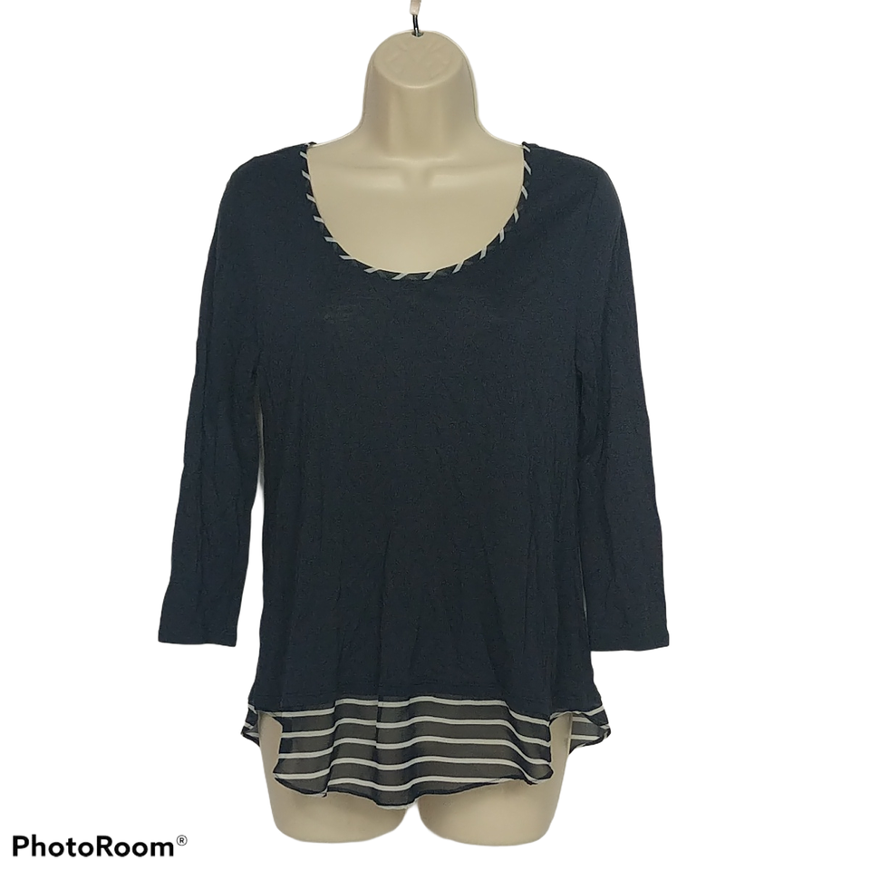 Ann Taylor Womens Blouse Top Size Small Navy Blue Scoop Neck Long Sleeve - $13.86
