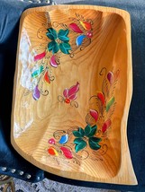 Vintage Mexican Lacquered Wood Oval Bowl Hand Painted Folk Art Birds Boho Floral - $35.00