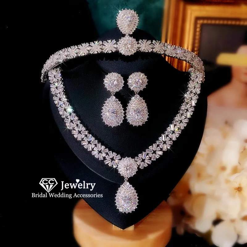 Bridal Jewelry Sets Stud Earring Necklace Crown Tiara 3pcs Wedding Accessories f - $178.84