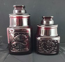 Set of 2 Wheaton NJ Ruby Red Glass Canisters Containers Lid Heart Dove F... - $35.64