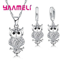 African Crystal Owl Pendant Necklace  Earrings Set 925 Silver - $38.65