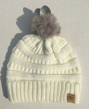 Girls White Cable Knit with Faux fur Pom ears Winter Beanie Hat Soft Str... - £6.01 GBP