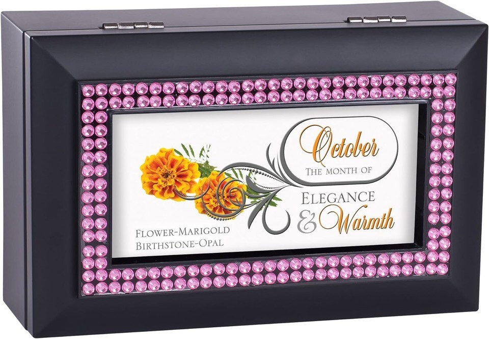 October Month Opal Birthstone Elegance And Warmth Black Musical Trinket Box - $28.95