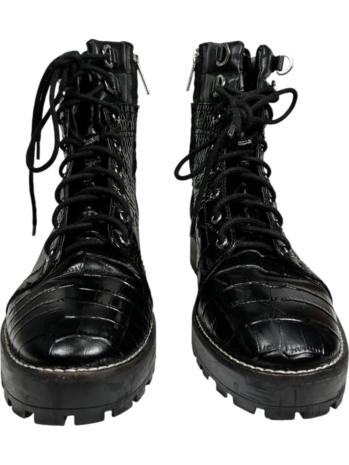 Gianni Bini women's Croc Embossed Black Leather Zip Lace-up Combat Boots size 8M Item image 5