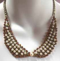 Vintage Faux Pearl &amp; Faux Topaz Rhinestone Bow Bib Necklace 20" - $24.74