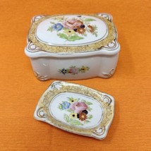 Trinket Box &amp; Ring Dish Set Handpainted Floral Gold Porcelain VTG Occupied Japan - £17.88 GBP