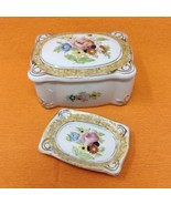 Trinket Box &amp; Ring Dish Set Handpainted Floral Gold Porcelain VTG Occupi... - £18.01 GBP