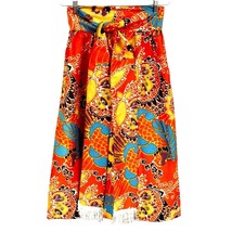 VTG 1960s Mod Orange Turquoise Print Midi Skirt w/ Fringed Belt A-Line SZ M - $94.05