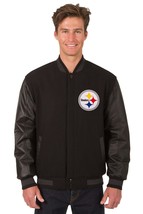 NFL Pittsburgh Steelers Wool Leather Reversible Jacket Front Patch Logos Black - £175.44 GBP