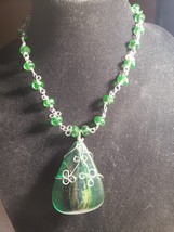 Green Clover Shamrock 17.5 Necklace 2 In Pendant With Clover Wire Work - £26.05 GBP
