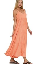 Zenana V Neck Cami Maxi Tiered Dress Stretch Side Pockets Coral Womens NEW - $40.00