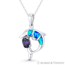 Dolphin Sealife Charm Boho Lab-Created Opal &amp; CZ Pendant in .925 Sterling Silver - £19.05 GBP+