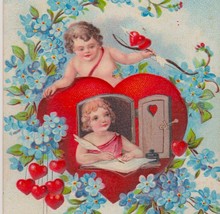 Cupid Watching Girl Write a Letter, Hearts, Flowers Antique Valentine Postcard - £6.72 GBP