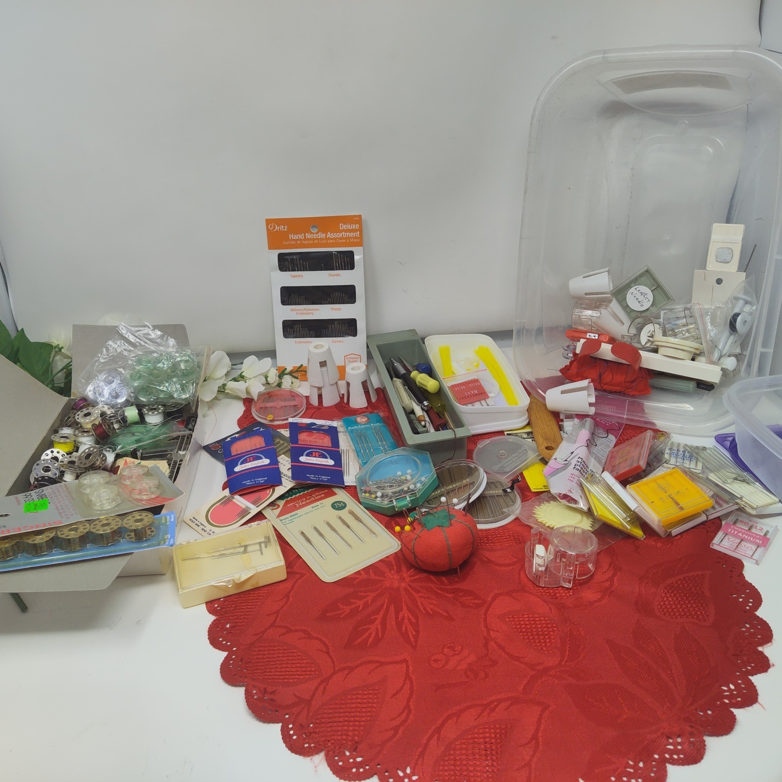 Lot of Sewing Notions Thread Bobbins Cushions Needles Pins Misc - $24.98