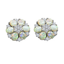 4Ct Oval Simulated Fire Opal &amp; Diamond Cluster Earrings 14K Gold Plated Silver - £70.90 GBP