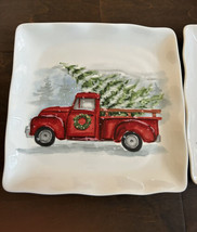 Maxcera 2 Dinner Plates Ceramic Square Scalloped Red Truck Christmas Tree New - £31.59 GBP