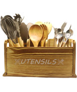 Utensil Holder Wooden Large 3 Compartments Rustic Cooking Utensil Organi... - £26.25 GBP