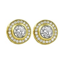 14K Oro Amarillo Chapado Bisel Set Piedra Grande Imitación Diamantes Halo Postes - £147.54 GBP