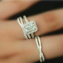 2Ct Emerald Cut Diamond Halo Engagement Trio Ring Set in 14k White Gold Over - £88.05 GBP