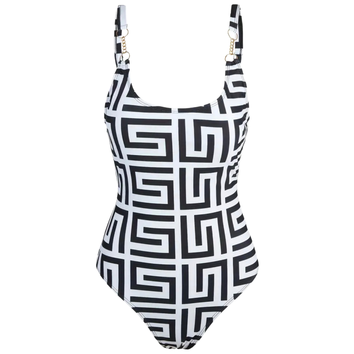 Geometric Grid Swimsuit Size 12 XL Ring Chain Detail Removable Pads Blac... - $22.00