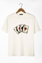 Men&#39;s Ecru Front Playing Card Printed Crew Neck Oversize T-shirt - $12.00