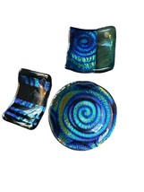 Fused Glass Pottery Iridescent Glow Blue and Black Set of 3 Handmade - £10.16 GBP