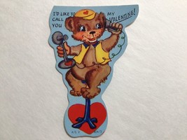 Vintage Die Cut Valentine’s Day Greeting Card Bear Candlestick Phone Hea... - £3.88 GBP