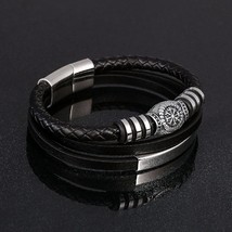 Punk Men Vikings Style Genuine Leather Bracelet Braided Multilayer  Stainless St - £15.89 GBP