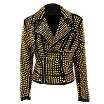 Women&#39;s Black Full Gold Studded Patent Handmade Fashion Genuine Leather ... - $421.39