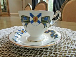 Adderley Bone China Footed Teacup &amp; Saucer Set Blue Tartan Nova Scotia England - £19.42 GBP