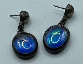 ESTATE STERLING SILVER &amp; BLUE DICHROIC GLASS DROP DANGLE EARRINGS MEXICO - £19.71 GBP