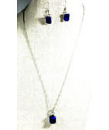 Vtg. Silver Color w/Deep Blue Faceted Rhinestones 18&quot; Pendant &amp; Pierced ... - £25.50 GBP