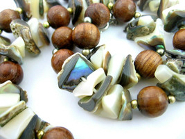 Abalone Shells Seashells Chips &amp; Pieces Wood Beads Necklace &amp; Earrings Set Vtg - £15.86 GBP