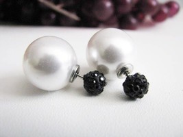 Black and white, Double ball stud earrings, Silver earrings, bridal jewelry, Sil - £19.44 GBP