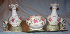 Lovely Andrea Hand-Painted Rose-Decorated Dresser/Vanity Set w/Mirrored Tray - £25.46 GBP
