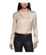 Express Womens Shirt Cream Button Down Satin V-Neck Long Sleeves Relaxed... - $60.55 CAD