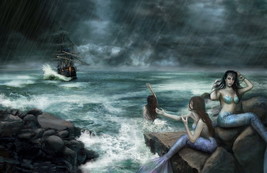 An item in the Art category: Art Giclee Printed Oil Painting Mermaid Rain Sea Sailing Ships Home Decor Canvas