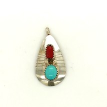 Vintage Signed Sterling Handmade Southwest Coral and Turquoise Stone Pendant - £35.61 GBP