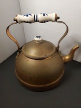 Vintage Copper Tea Pot Kettle Delft Blue Porcelain Handle Patina - £22.05 GBP