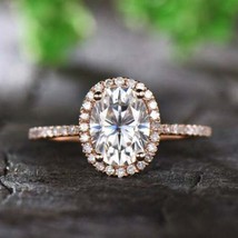 1.50 Ct Oval Moissanite Halo Solitaire Engagement Ring Rose Gold Plated Silver - £95.64 GBP