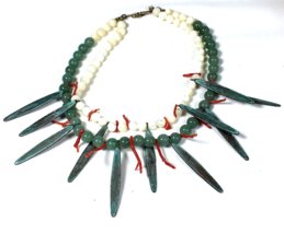 Necklace Mother of Pearl Beads Painted Copper Green Stones Branch Coral 16&quot; - $22.00
