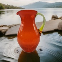 Vintage Crackle Glass Hand Blown Pitcher Tangerine Orange Yellow Handle - $371.47 MXN
