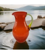 Vintage Crackle Glass Hand Blown Pitcher Tangerine Orange Yellow Handle - $371.47 MXN