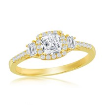Cushion CZ w/ Emerald-Cut CZ Side Stones Engagement Ring - Gold Plated - £21.36 GBP