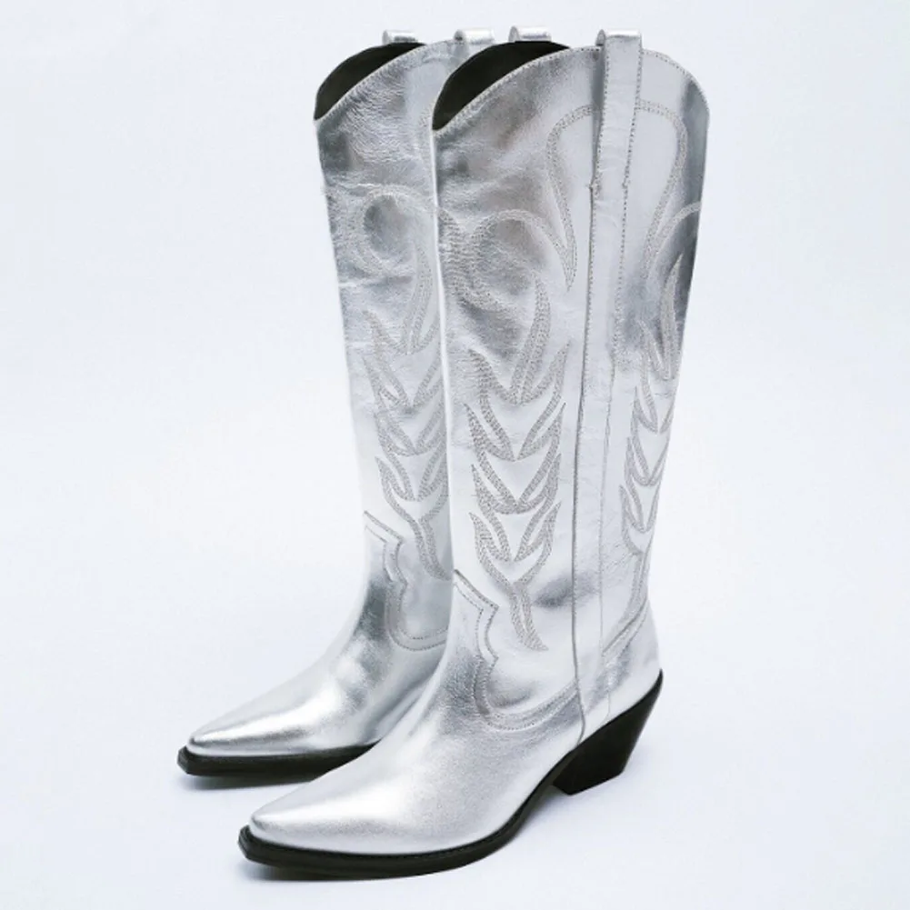 Silver Winter Boots For Women 2024 Shiny lic Western boy Women&#39;s Embroidery Knee - $140.48