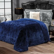 Navy Blue Platinum Soft Flannel Blanket With Faux Fur Thick Wedding Warm Queen - £69.34 GBP