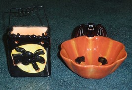 Ceramic Pumpkin With Bat Candy Dish + Spider Light Up Decoration W/ Tea Light - £6.22 GBP