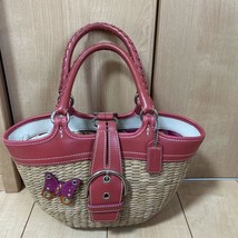 Coach Straw Tote Bag Beige Leather Trim Summer Handbag Casual Shoulder M... - $114.84